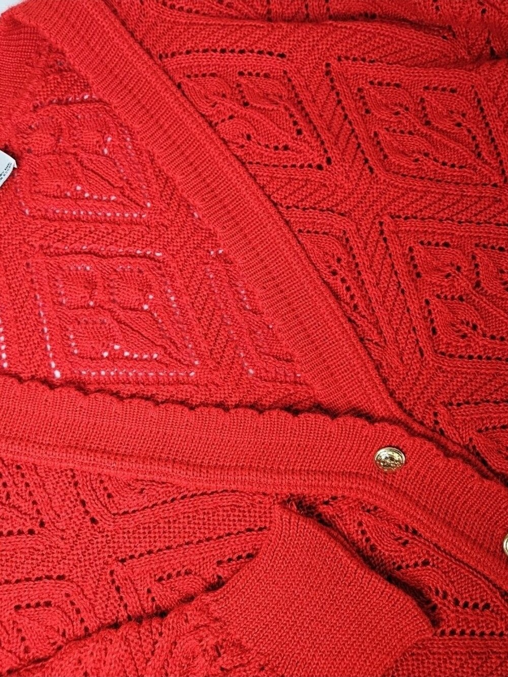 College Point Cardigan Sweater Red Pointelle Knit Gold Buttons Womens Medium